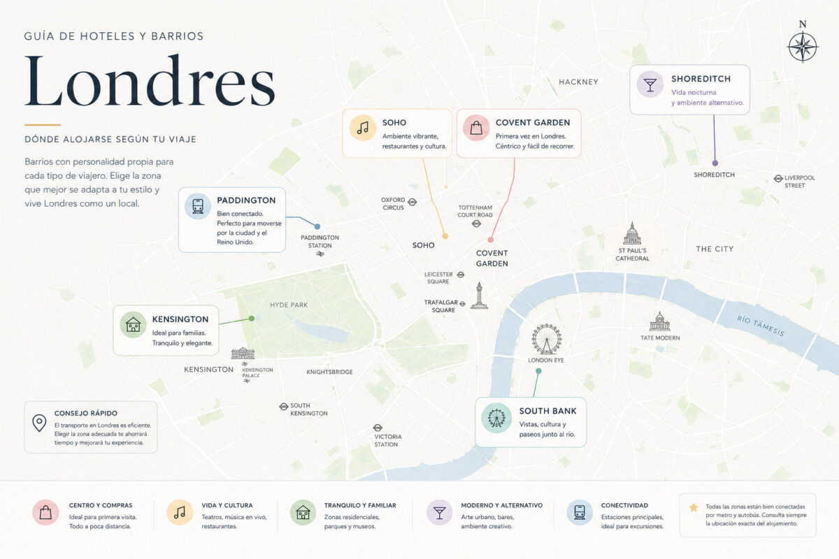Mapa de las mejores zonas donde alojarse en Londres: Covent Garden, Soho, South Bank, Kensington, Paddington y Shoreditch.
