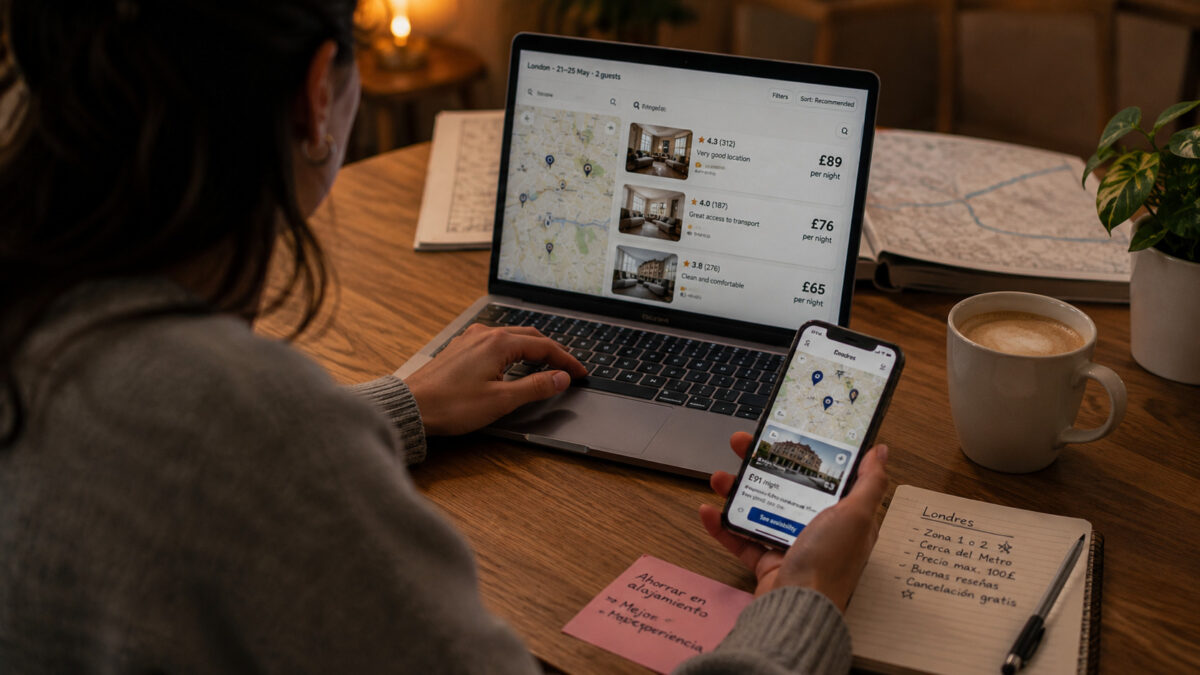 Persona comparando hoteles en Londres desde un portátil y un móvil antes de reservar alojamiento.