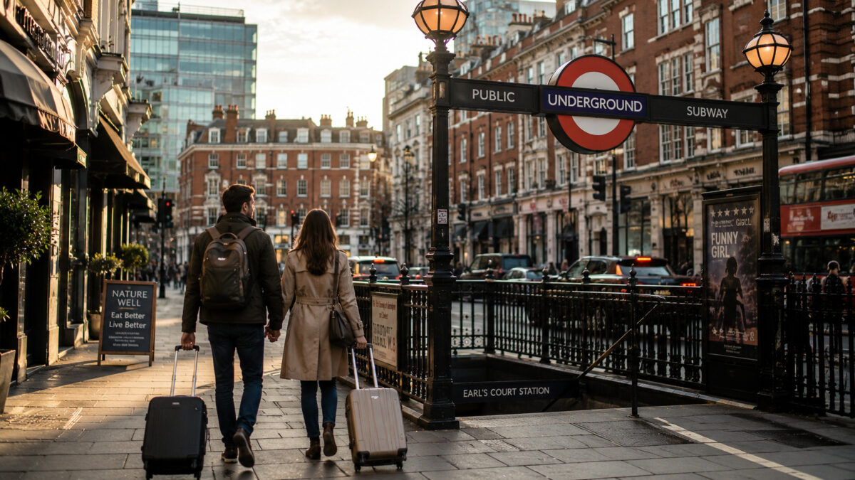 Viajeros caminando junto a una estación de metro en una zona céntrica de Londres.