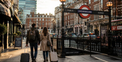 Viajeros caminando junto a una estación de metro en una zona céntrica de Londres.