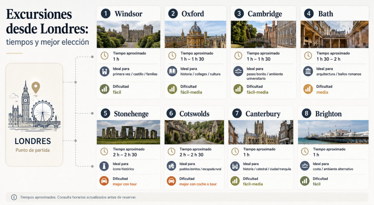 Infografía con excursiones desde Londres Infografía con excursiones desde Londres, tiempos aproximados, tipo de experiencia y dificultad para destinos como Windsor, Oxford, Cambridge, Bath, Stonehenge, Cotswolds, Canterbury y Brighton.