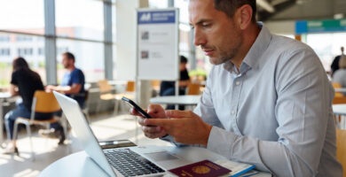 Viajero comparando seguros de viaje en el aeropuerto con portátil, móvil y pasaporte