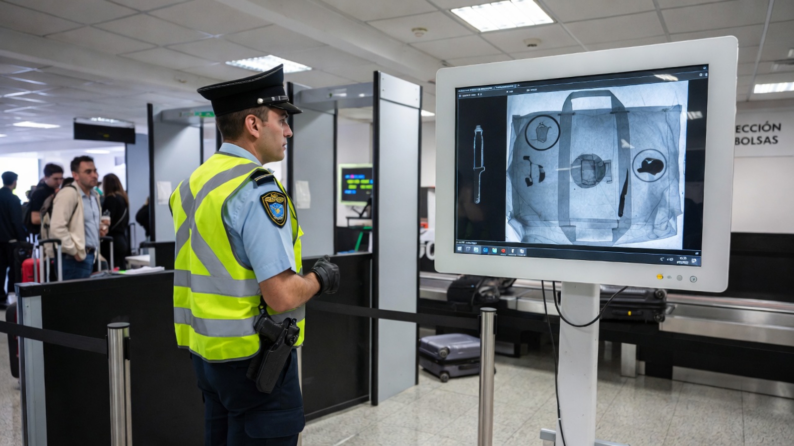 Control de seguridad en aeropuerto con equipaje de mano antes de embarcar