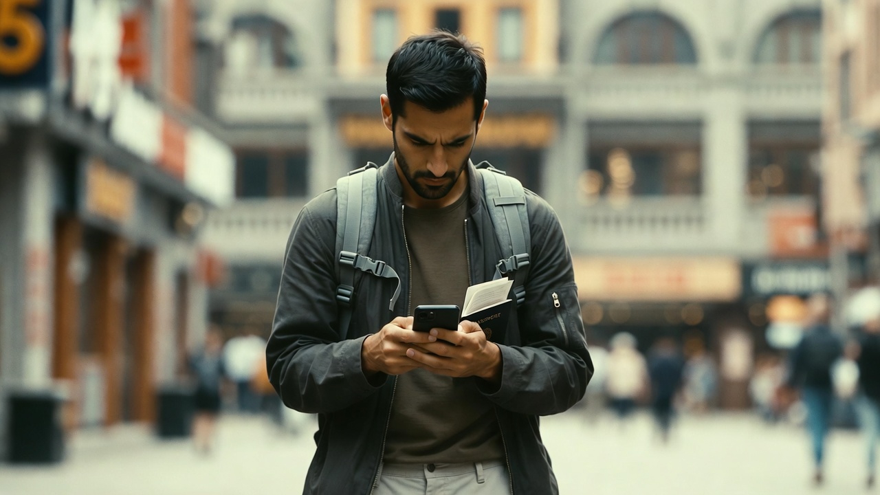 Viajero consultando su móvil y la Tarjeta Sanitaria Europea antes de contratar un seguro de viaje