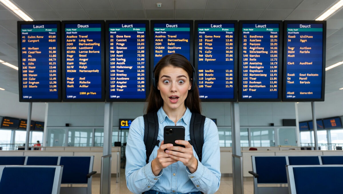 Viajera sorprendida al encontrar un vuelo muy barato en un panel de aeropuerto debido a una tarifa error de viajes