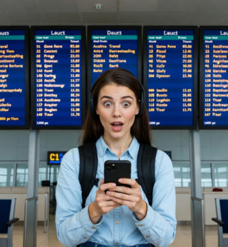Viajera sorprendida al encontrar un vuelo muy barato en un panel de aeropuerto debido a una tarifa error de viajes
