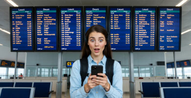 Viajera sorprendida al encontrar un vuelo muy barato en un panel de aeropuerto debido a una tarifa error de viajes