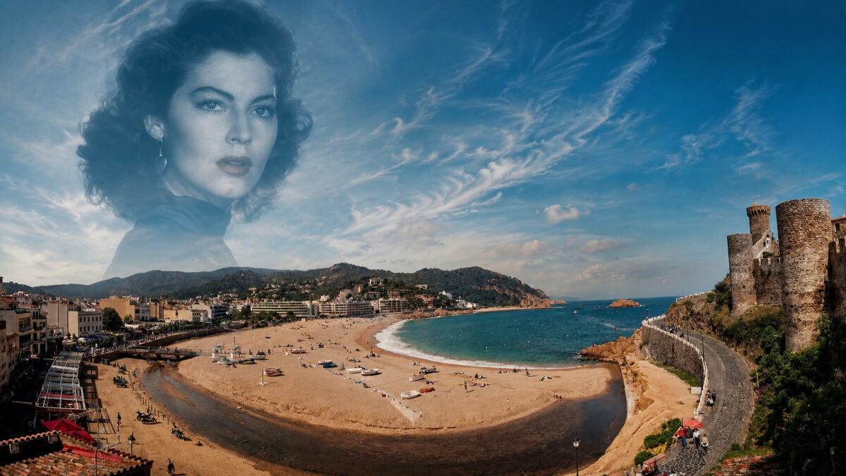 Panorámica de Tossa de Mar con la figura desvanecida de Ava Gardner sobre la bahía y la Vila Vella