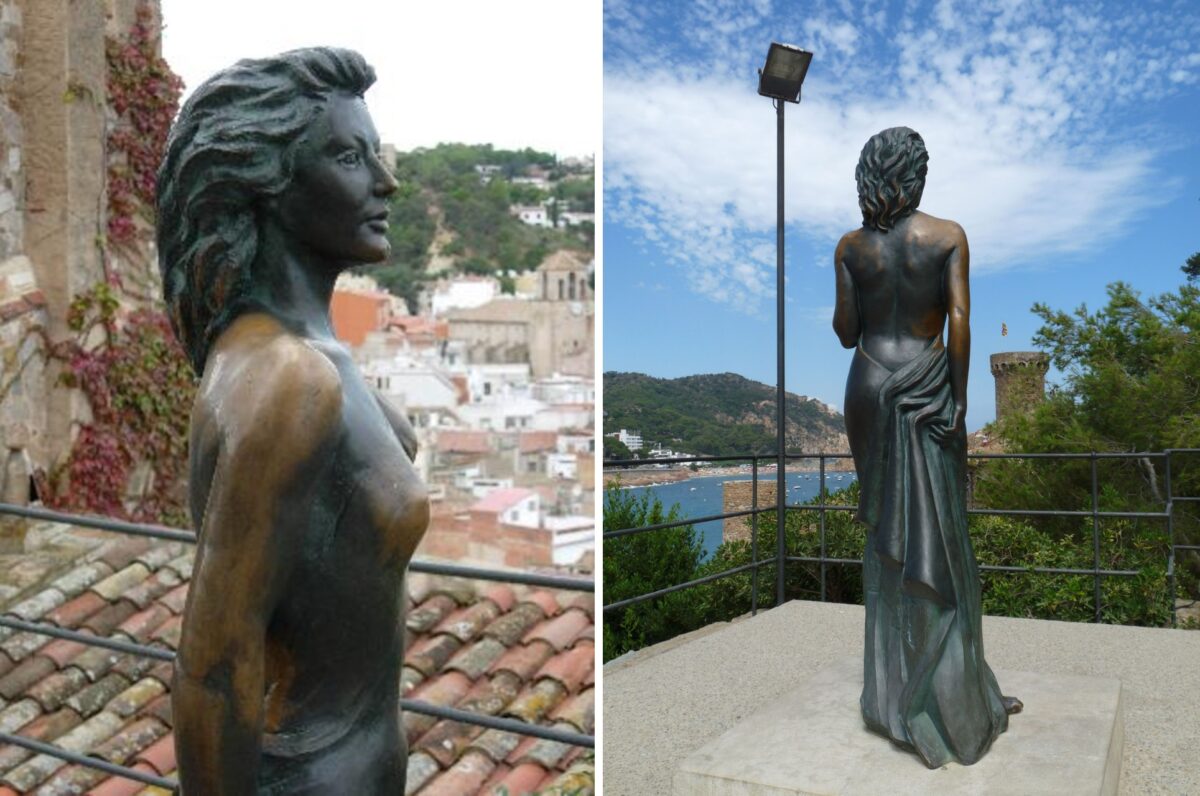 Estatua de Ava Gardner en la Vila Vella de Tossa de Mar, vista de frente y de espaldas