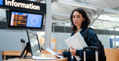 Derechos del viajero en la UE en un mostrador de información de un aeropuerto europeo
