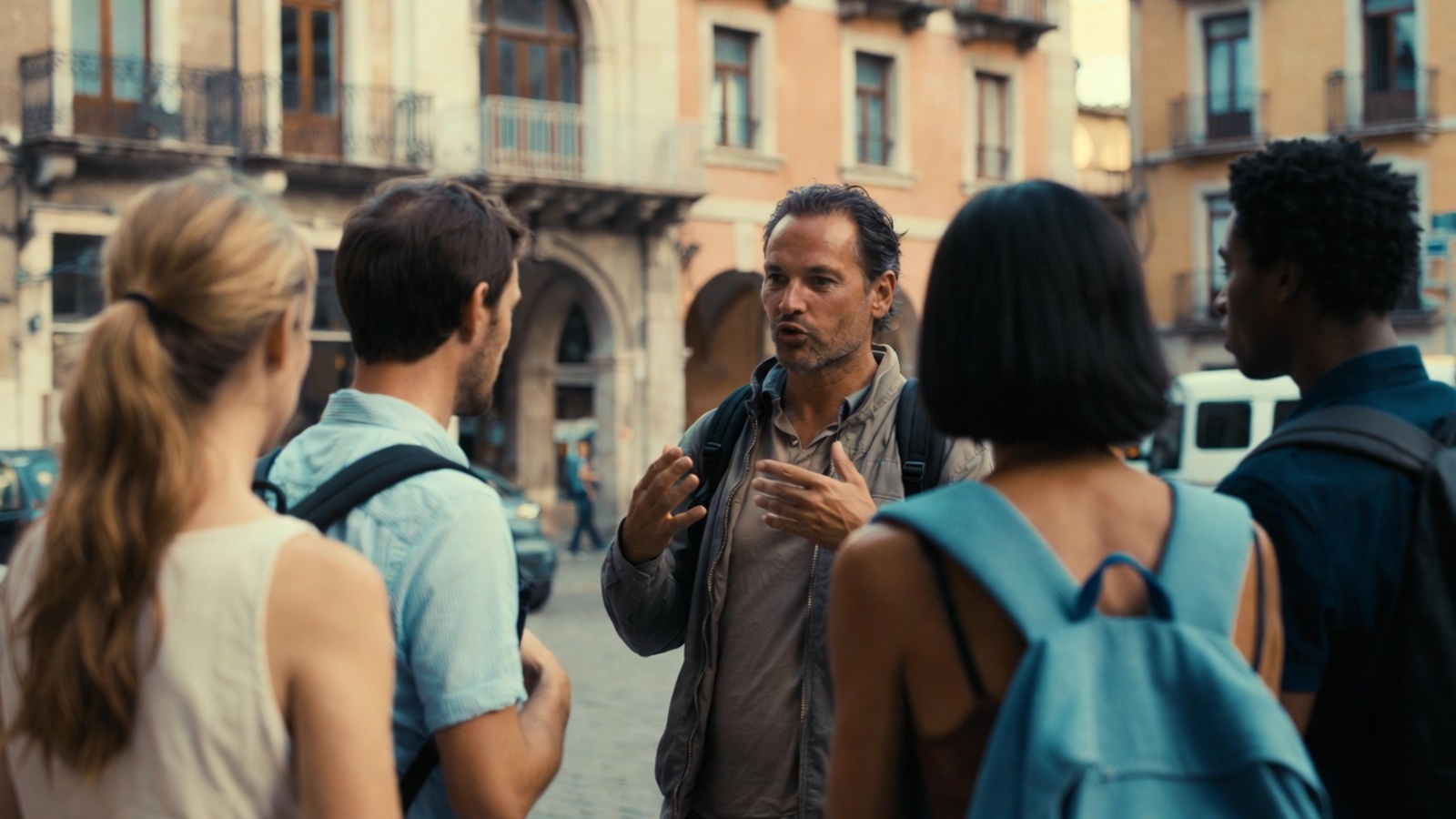 Guía local explicando un free tour a un grupo reducido de viajeros en una ciudad histórica