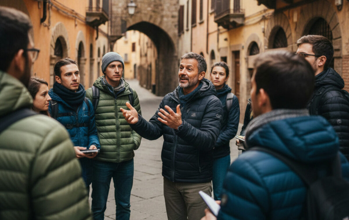 Guía explicando un free tour a un pequeño grupo de viajeros en una ciudad europea