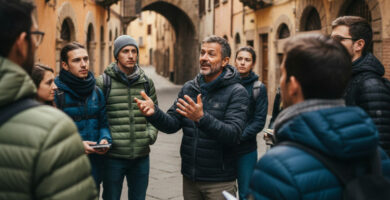 Guía explicando un free tour a un pequeño grupo de viajeros en una ciudad europea
