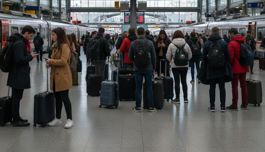 Pasajeros esperando en una estación de tren europea bajo un panel de retrasos