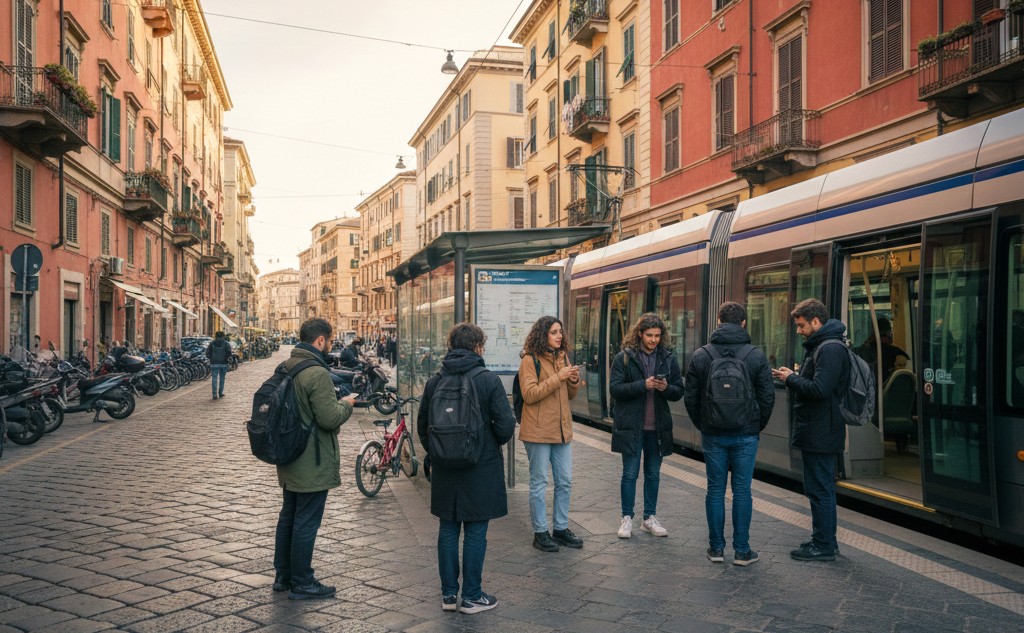 Zona universitaria en una ciudad italiana con estudiantes y transporte público