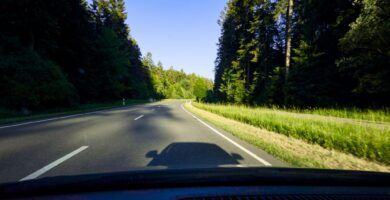 Coche circulando por una carretera arbolada en Alemania