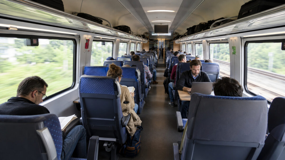 Interior de un tren alemán con pasajeros sentados durante un trayecto largo