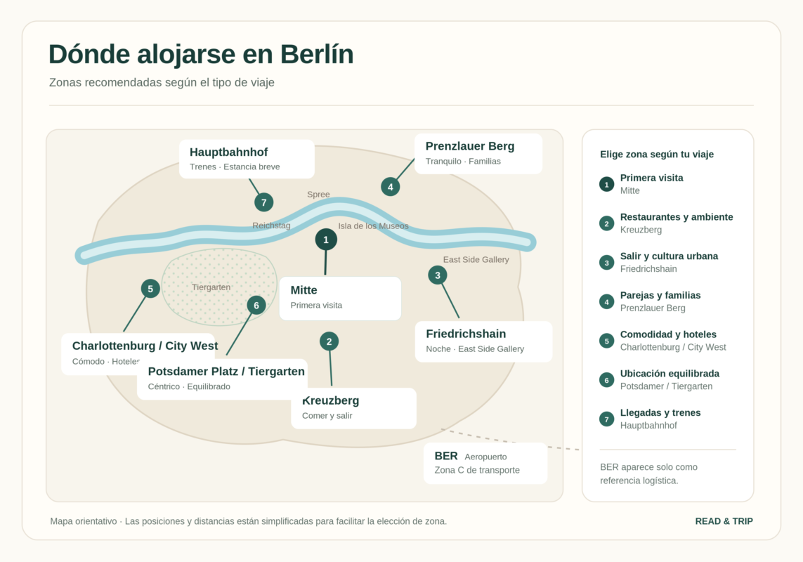 Mapa de Berlín con las mejores zonas para alojarse según el tipo de viaje: Mitte, Kreuzberg, Friedrichshain, Prenzlauer Berg, Charlottenburg, Tiergarten y Hauptbahnhof