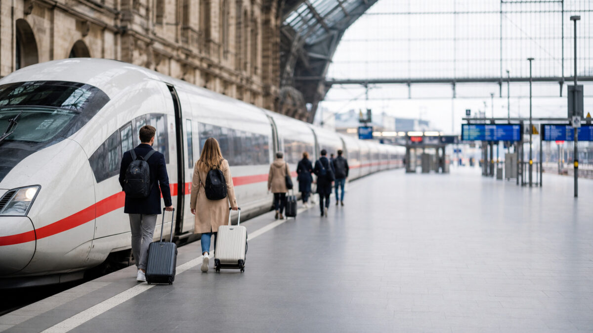 Tren ICE en una estación alemana con viajeros llevando maletas