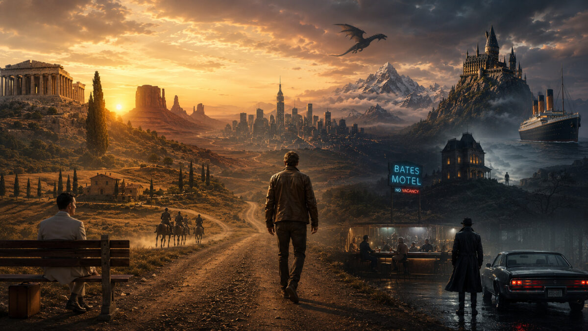 Paisaje cinematográfico con un viajero ante escenarios inspirados en películas, desde desiertos y ciudades hasta castillos, montañas y carreteras.