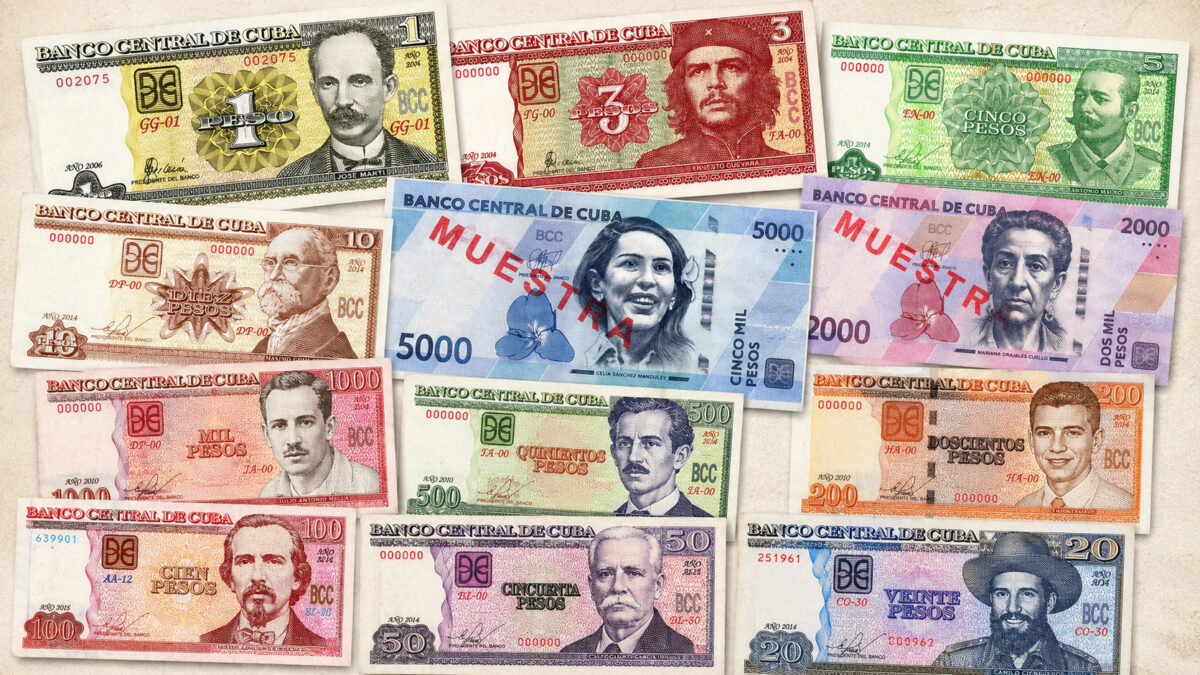 Collage de billetes de pesos cubanos de distintas denominaciones emitidos por el Banco Central de Cuba.