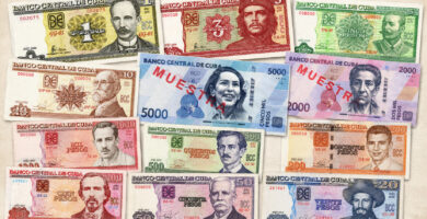 Collage de billetes de pesos cubanos de distintas denominaciones emitidos por el Banco Central de Cuba.