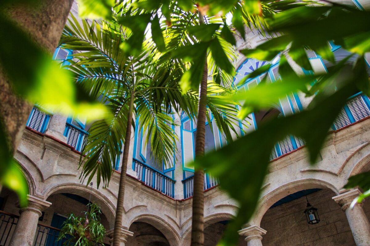 Patio colonial con palmeras, arcos de piedra y ventanas azules en La Habana